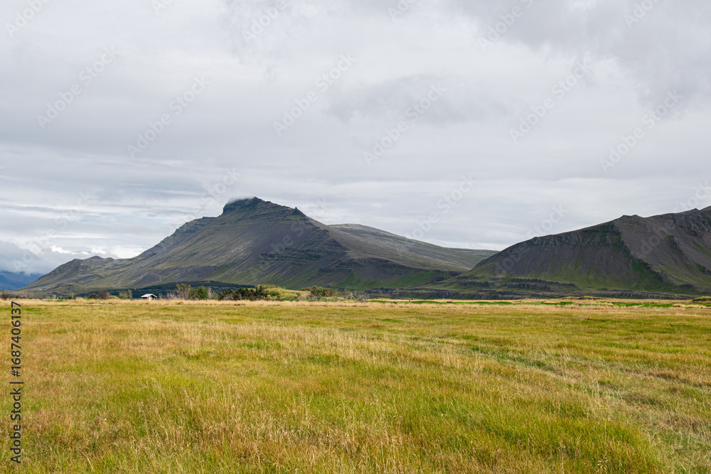 Fototapeta premium Scenic Icelandic field with mountains under a cloudy sky