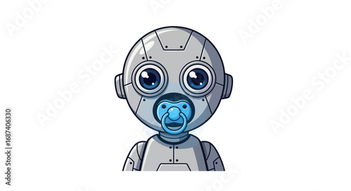 Cute cartoon baby robot with big blue eyes and a glowing pacifier.