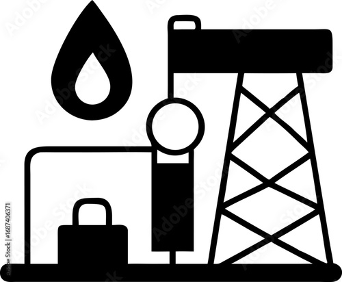 Minimalist black and white glyph icon illustrating petroleum extraction with a drilling rig, pumpjack, and a single fuel drop