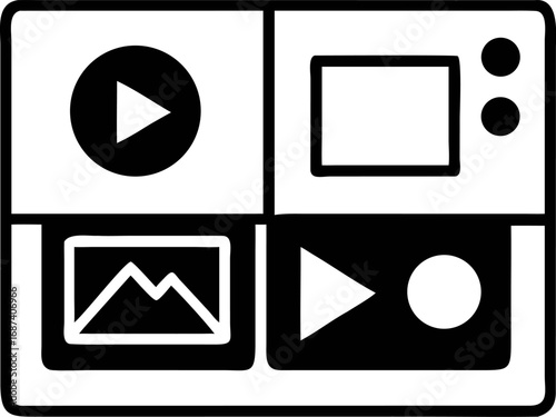 Multimedia icons set for digital content, including video play buttons, photo gallery placeholders, and a monitor screen, perfect for web design and application interfaces