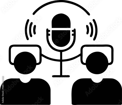 Glyph icon representing a podcast interview or broadcast session. Two people with headphones listening and talking in a microphone