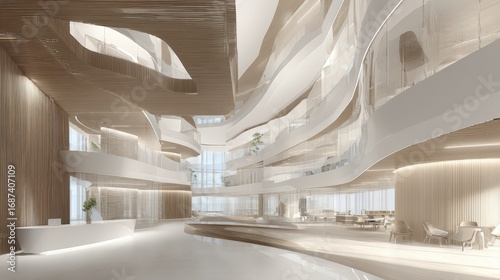 Modern architectural interior with flowing white curves, spacious open lobby design, elegant lighting, smooth textures, and contemporary style