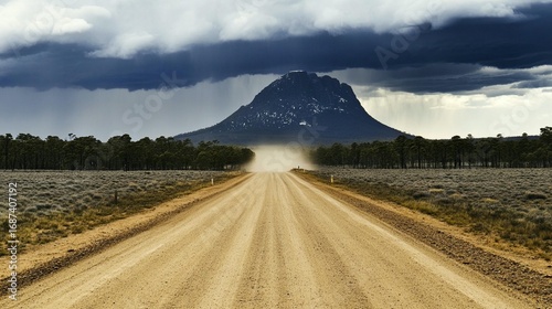 Desert Road to Mountain Under Storm