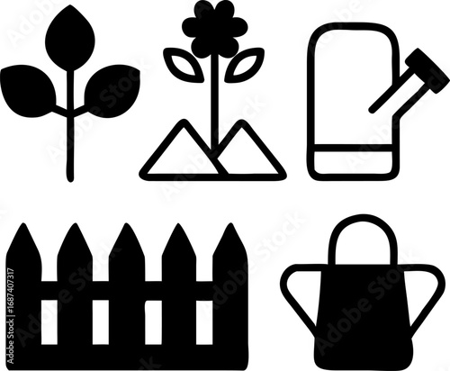 Essential gardening tools and growth symbols presented as clean black and white vector icons for nature and cultivation projects