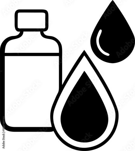 Minimalist vector icon of a generic bottle and two distinct liquid drops, symbolizing essential oils, pure liquids, or chemical solutions