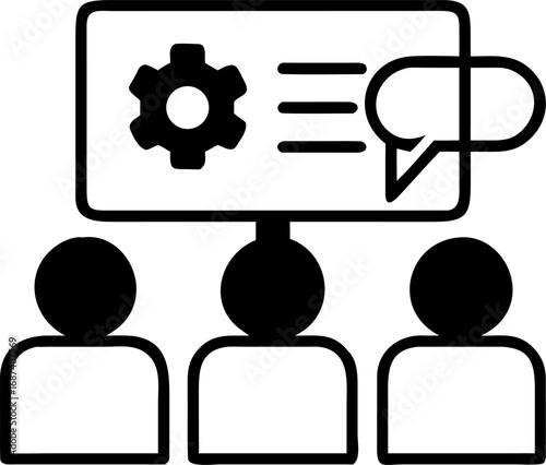 Line art icon of a business team in a collaborative meeting, discussing a project process with a presentation board. 480