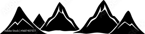 Black mountain range silhouette vector icon. Minimalist graphic of jagged peaks for nature, travel, and adventure concepts. 508.eps