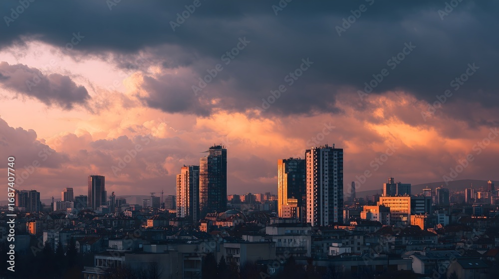 Fototapeta premium City Skyline at Sunset with Dramatic Clouds