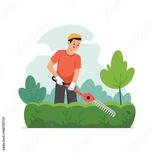 Man trimming hedge with hedge trimmer in garden