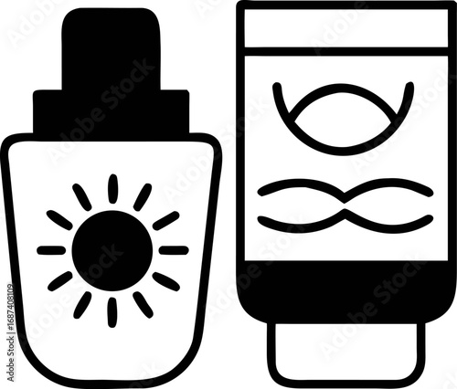Black and white line icon set featuring a sunscreen serum bottle with a sun symbol and an anti-aging cream tube with a DNA helix