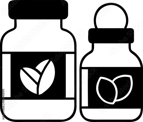 A simple and modern black and white glyph icon showing supplement jars and a dropper bottle for medical and wellness design concepts