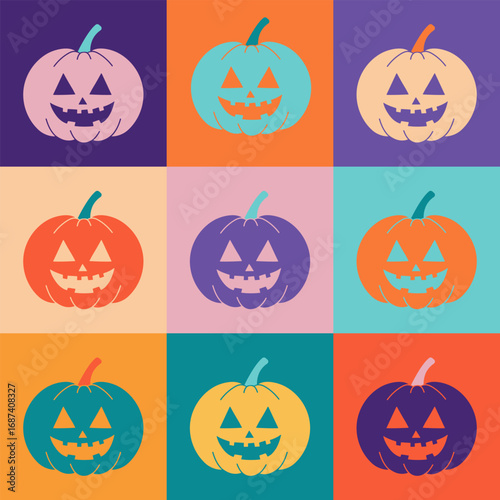 Pop art Halloween pumpkin set. Colorful jack o lantern faces in modern square composition, festive spooky decoration.