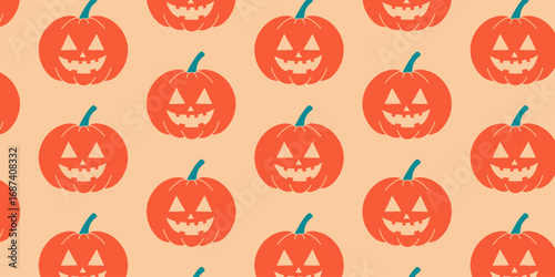 Seamless Halloween pumpkin pattern. Orange jack o lantern faces repeating background for festive design and decoration.