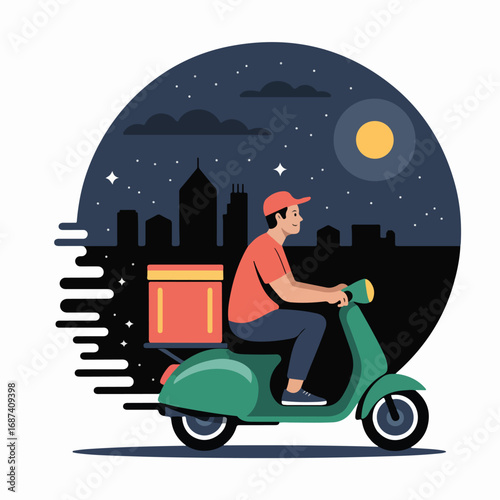 Delivery man riding scooter at night, fast service