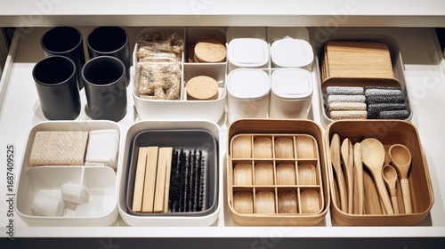 Organized pantry drawer with kitchen storage containers for spices cutlery and kitchen essentials in a tidy kitchen space