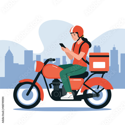 Delivery woman riding motorcycle and checking mobile phone for direction