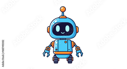 Adorable cartoon blue robot with a friendly face and wheels.