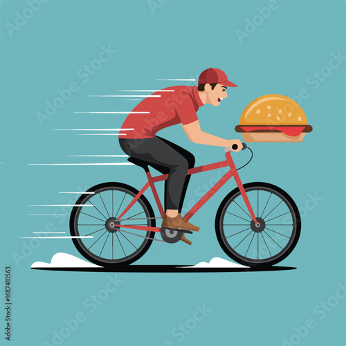 Food delivery man riding bicycle with burger