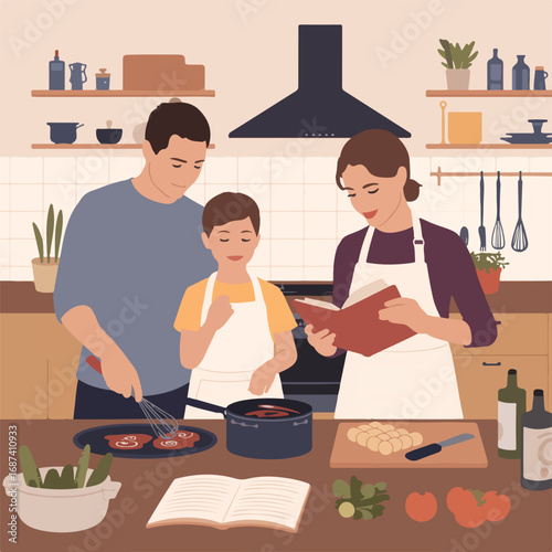 Family cooking together in the kitchen preparing a healthy meal at home