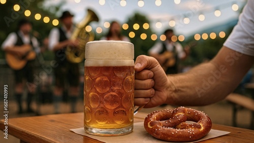 Man enjoys a large beer stein and a pretzel at an oktoberfest celebration, while a band plays traditional music in the background, creating a lively and festive atmosphere