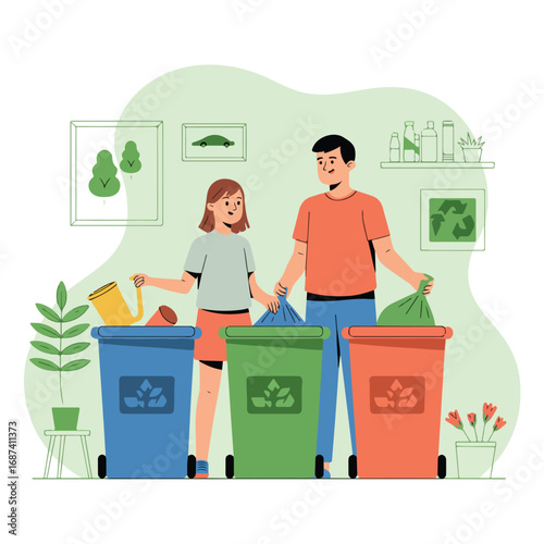 Family sorting garbage into different bins for recycling and waste disposal