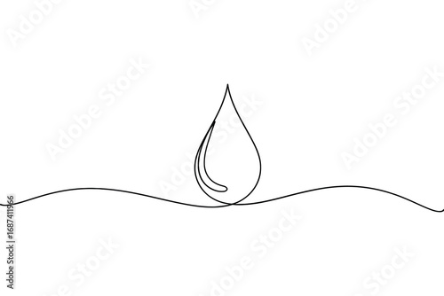 Minimalist single line drawing of a water droplet on a wavy line