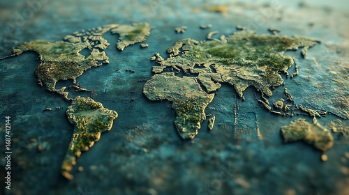 A topographic world map showing continents and oceans with a textured and artistic appearance