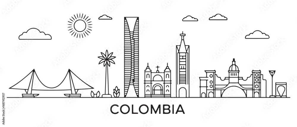 Obraz premium Colombia Line Art skyline. Travel Colombia famous landmarks. Business and tourism concept for presentation, banner, web site. with white background