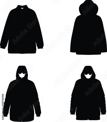 Diverse Black Clothing Outlines Featuring Jackets and Hoodies For Fashion and Apparel Designs With Varied Styles and Silhouettes on White Background
