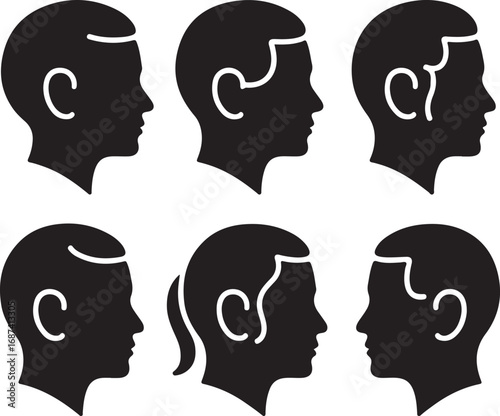 Six black head profiles with white hair accents silhouette