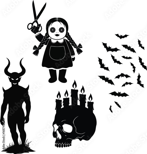 Eerie Halloween Silhouette Illustration Featuring Voodoo Doll Devil Bats and Skull with Candles for Spooky Season Decor and Designs