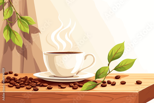 Invigorating hot coffee steaming on a wooden table, surrounded by fresh beans and leaves