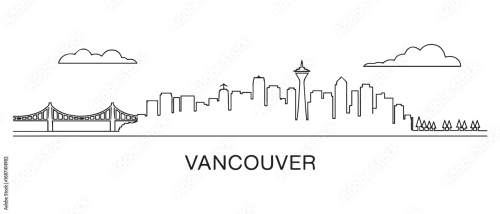Fototapeta premium Vancouver Line Art skyline silhouette. Landscape Vancouver, British Columbia. Vector illustration. with white background