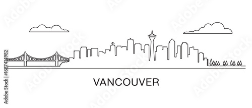 Vancouver Line Art skyline silhouette. Landscape Vancouver, British Columbia. Vector illustration. with white background