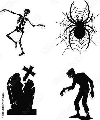 Halloween Silhouette Collection Featuring Spooky Skeleton Spider Web Tombstone and Zombie Icons on White Background for Festive Design Projects