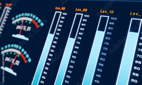 Electronic display, bar graph, digital measuring device. Graph moves up and down, value scale, industrial, psi, monitoring and control. 3D illustration