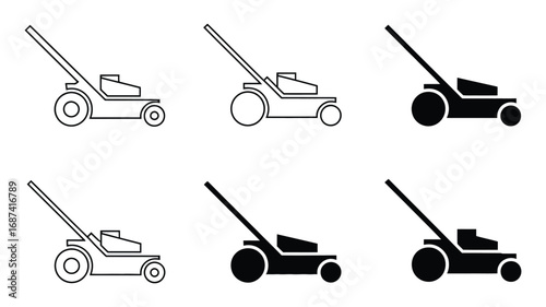 Lawn Mower Vector Icons: Six Variations in Line Art and Solid Black Styles, Simple Minimalist Design, Perfect for Website or App Use.