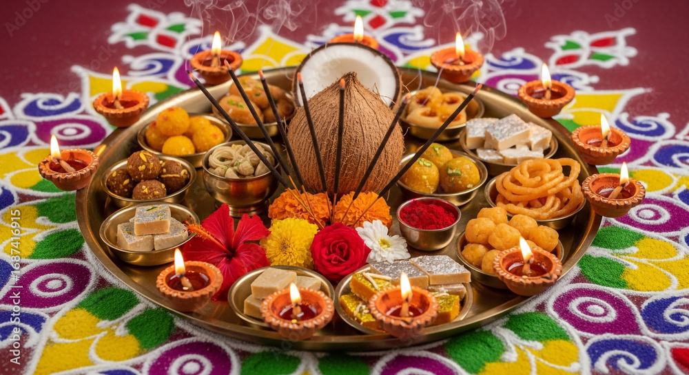 Fototapeta premium Traditional indian puja thali with diyas and flowers isolated on white background isolated on transparent background silhouette
