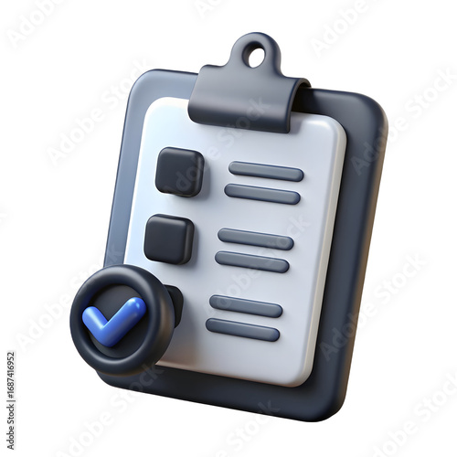 3d cartoon clipboard with checklist and blue check mark icon