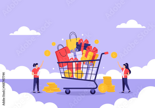 Exciting shopping cart overflowing with gifts and bags surrounded by coins and happy shoppers celebrating consumerism and abundance