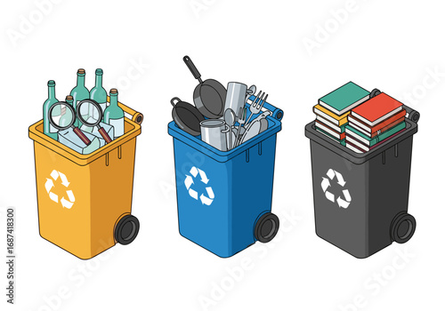 Three recycling bins illustrating different waste materials for a sustainable future