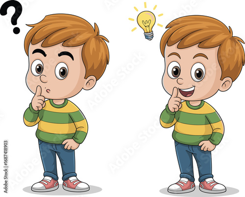 Cartoon boy with thinking and idea expressions, question mark, lightbulb, thoughtful pose, problem-solving process, character in striped shirt