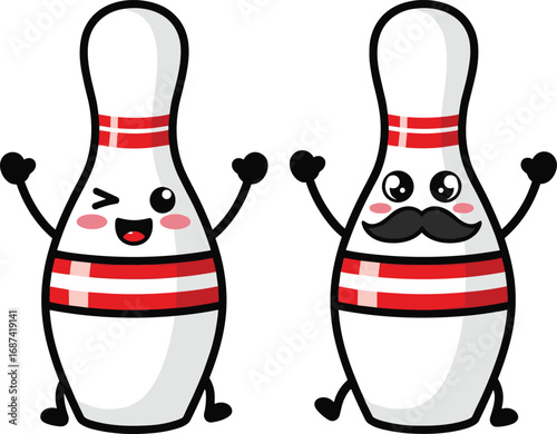 Bowling pin cartoon characters, playful sports mascot set, expressive face icons, celebration pose illustration, fun bowling design, animated vector pack, game-themed artwork