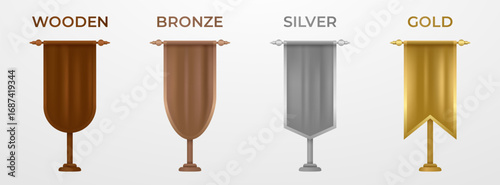Pennant set of gold, silver, bronze and wooden grade. Vector flag collection