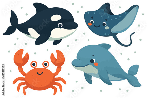 A seamless set of funny cartoon sea animals including a shark, octopus, dolphin, and tropical fish vector illustration