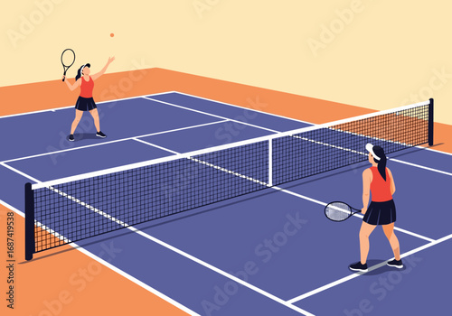 Two women playing tennis on a court with a net between them practicing their serves and returns