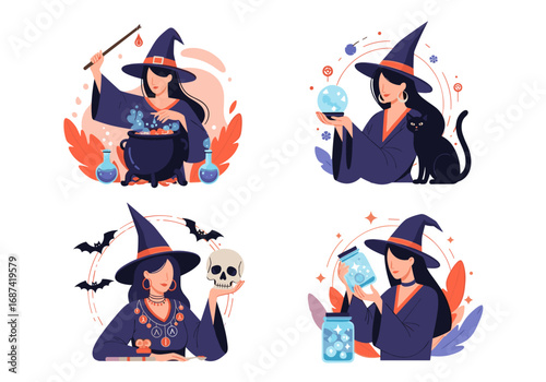 Enchanting witches conjuring spells and potions for halloween celebrations and mystical gatherings