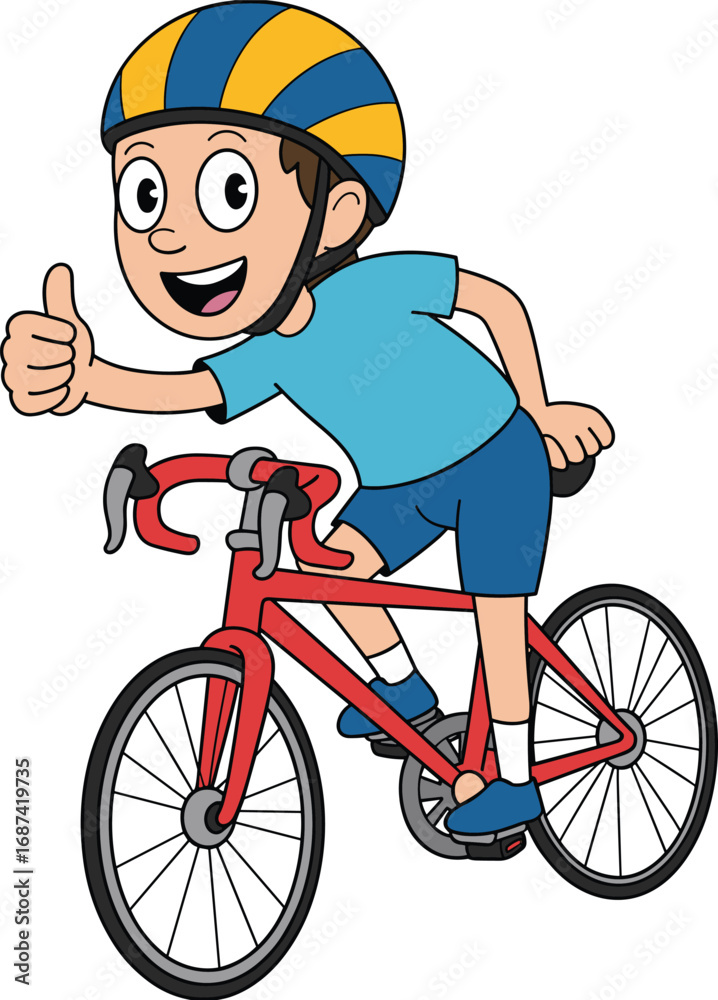 Fototapeta premium Cartoon cyclist, road bike rider, thumbs up gesture, active lifestyle, helmet safety, vector illustration, cycling character, outdoor sport, smiling person