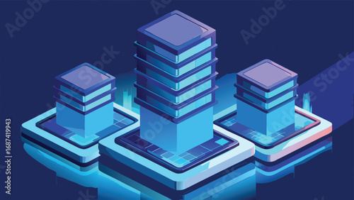 An isometric 3D render of a modern office building icon with a reflection symbolizing business success and urban architecture