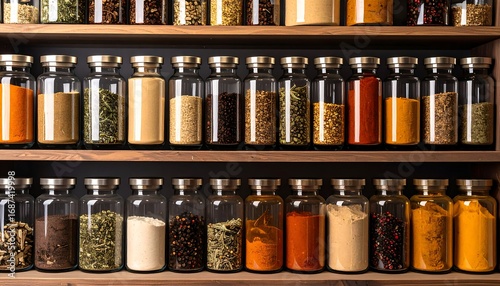 Fototapeta Naklejka Na Ścianę i Meble -  Organized spice jars on wooden shelves